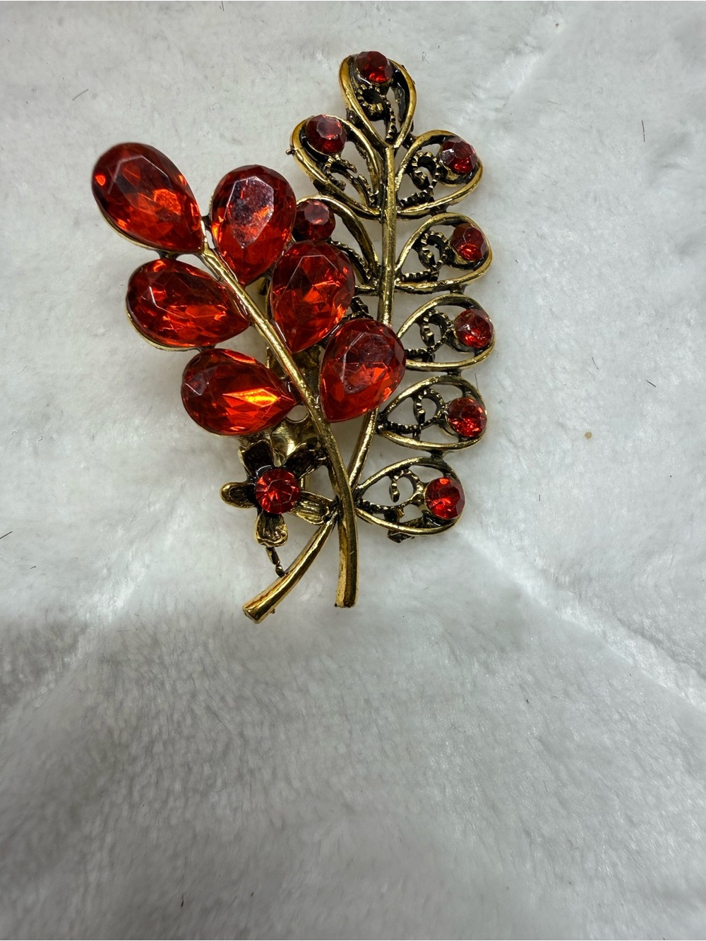 Gold-Tone Red Crystal Leaf Brooch - Women Accessories